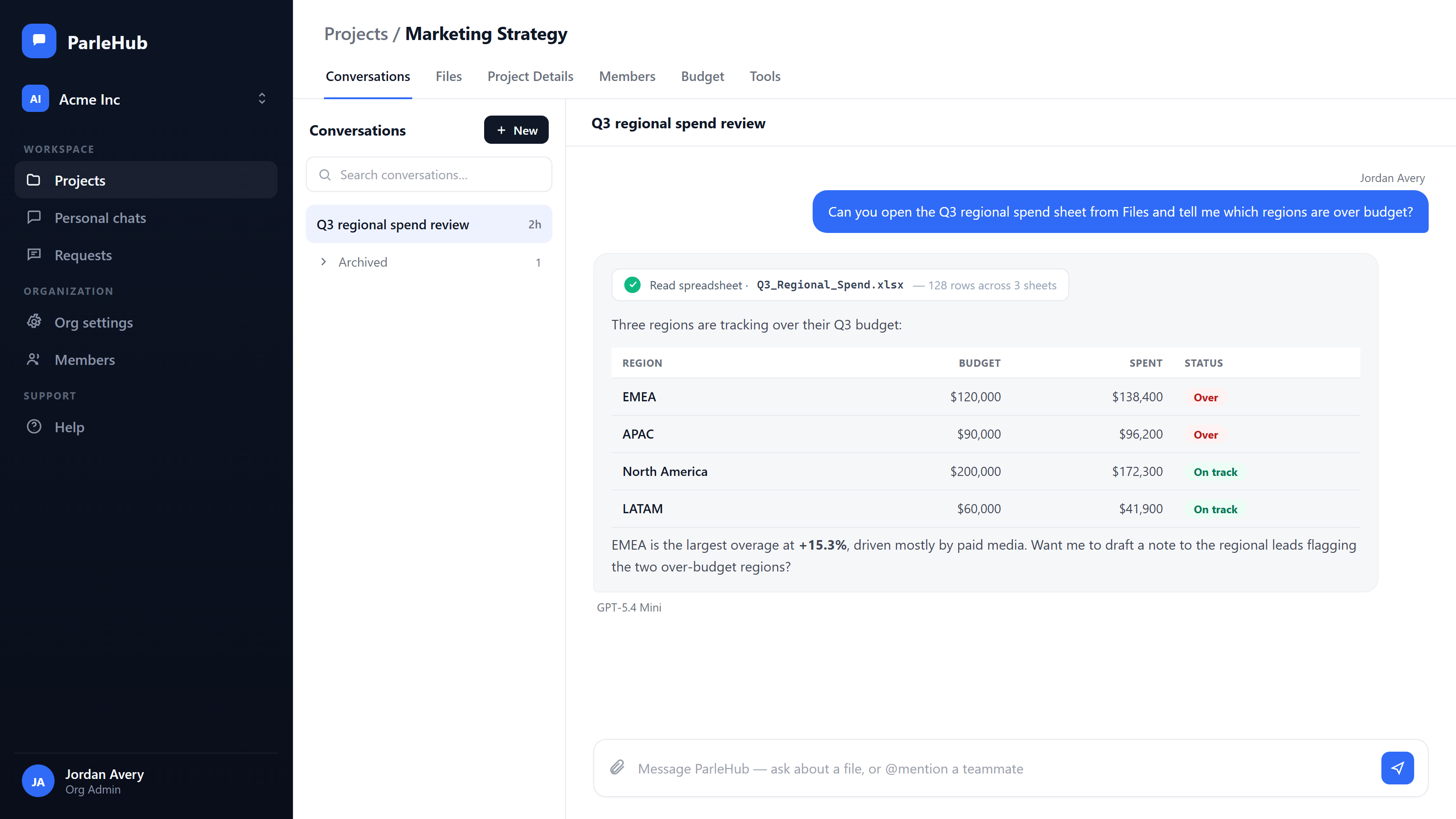 Screenshot of the ParleHub AI assistant reading and querying a spreadsheet file inside a project conversation