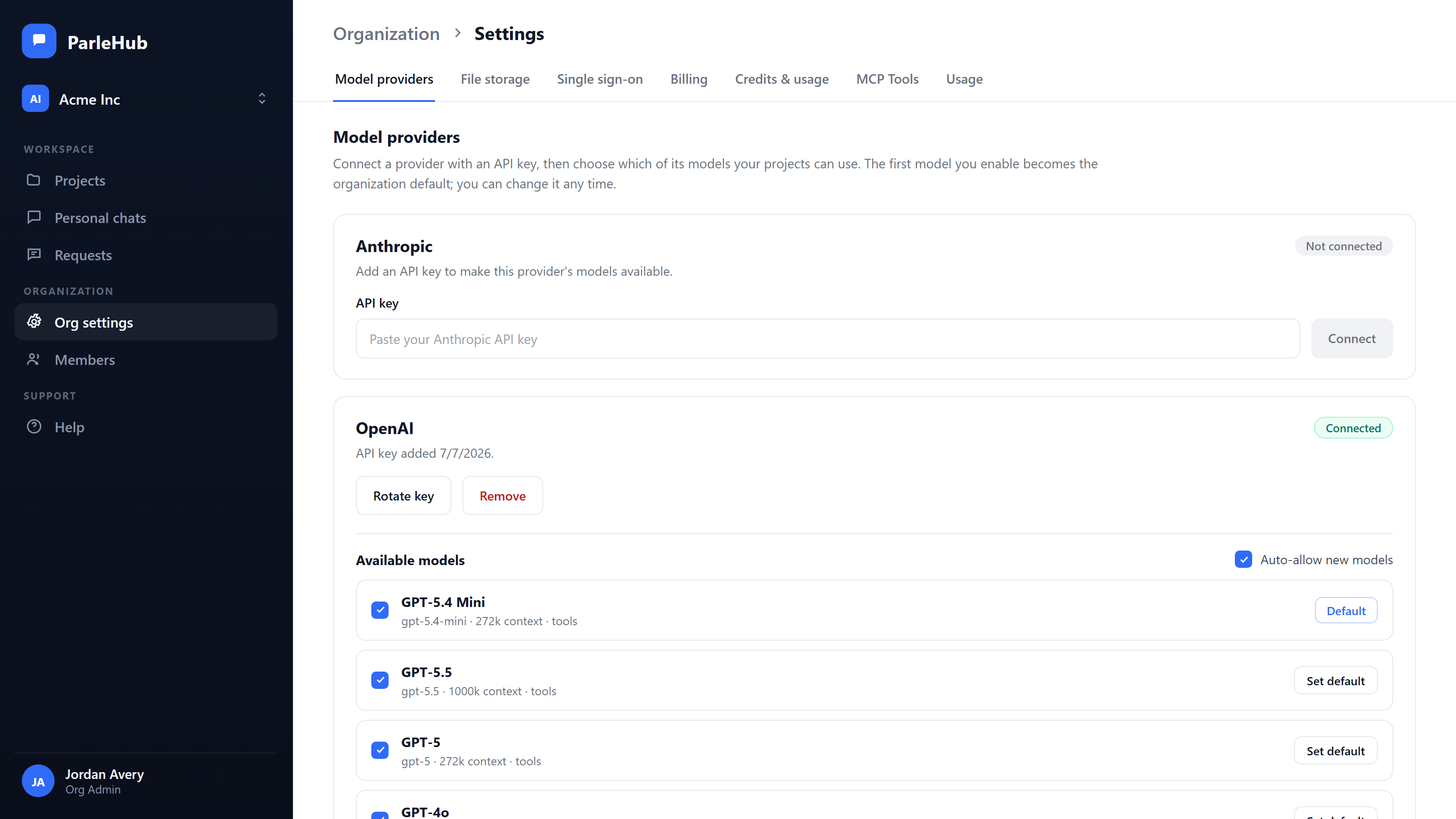 Screenshot of ParleHub's organization model-provider settings, where each provider connects with your own API key; OpenAI is connected with its available models listed and a default selected