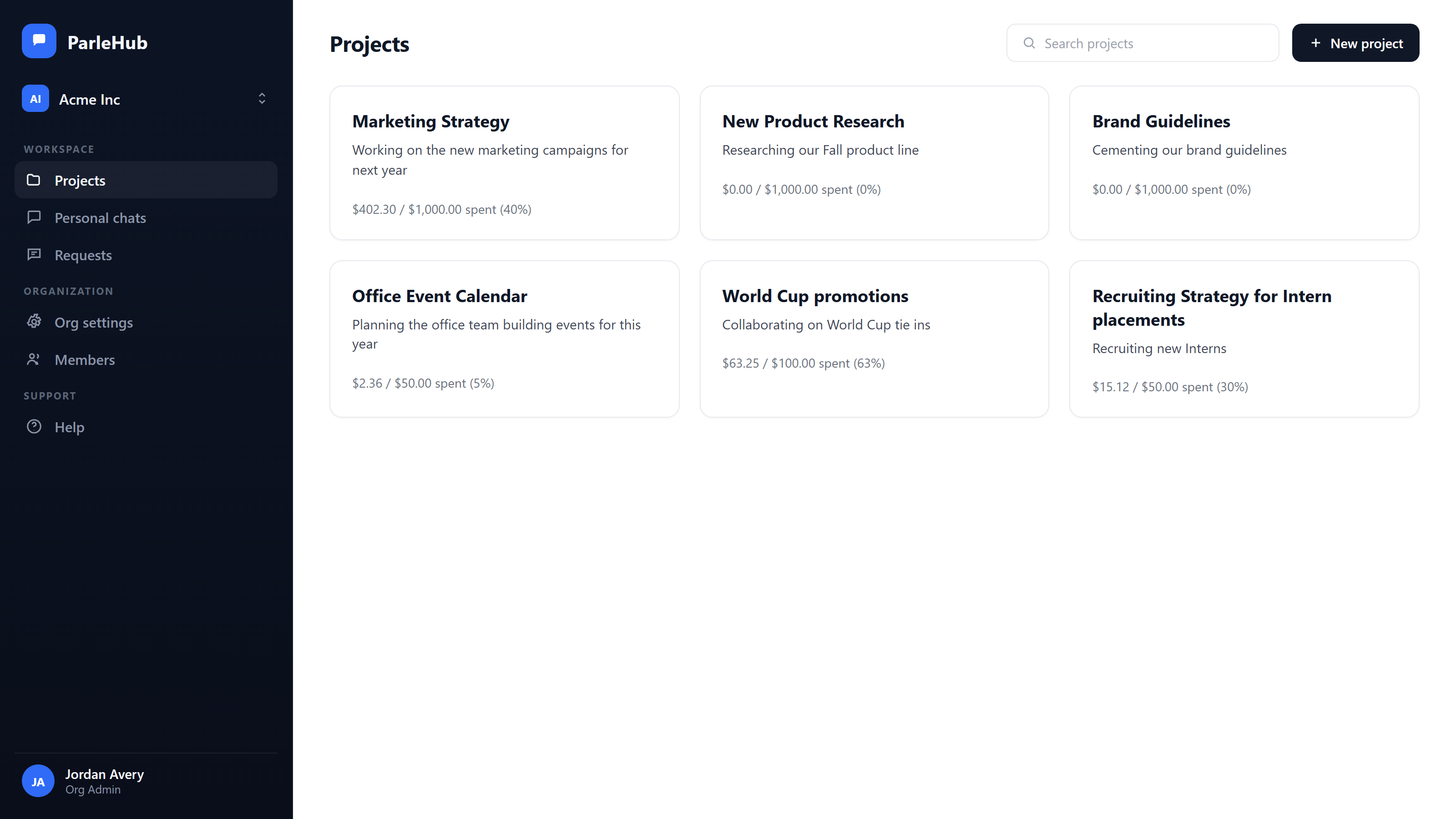 Screenshot of the ParleHub projects view, showing a team's shared projects and conversation threads visible to every member