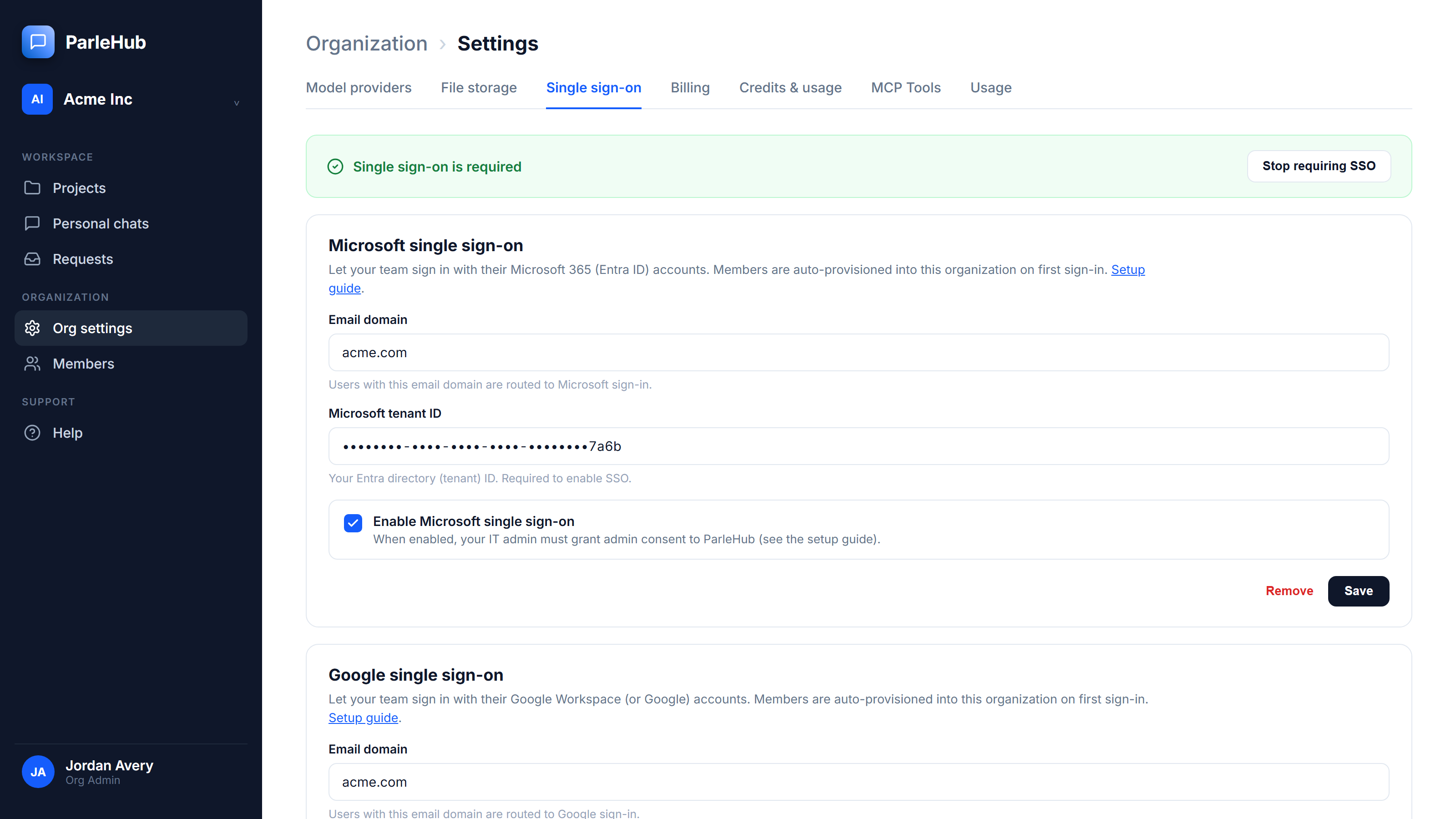 Screenshot of ParleHub's organization sign-in settings, showing Microsoft Entra ID and Google Workspace SSO configured with SSO enforcement enabled