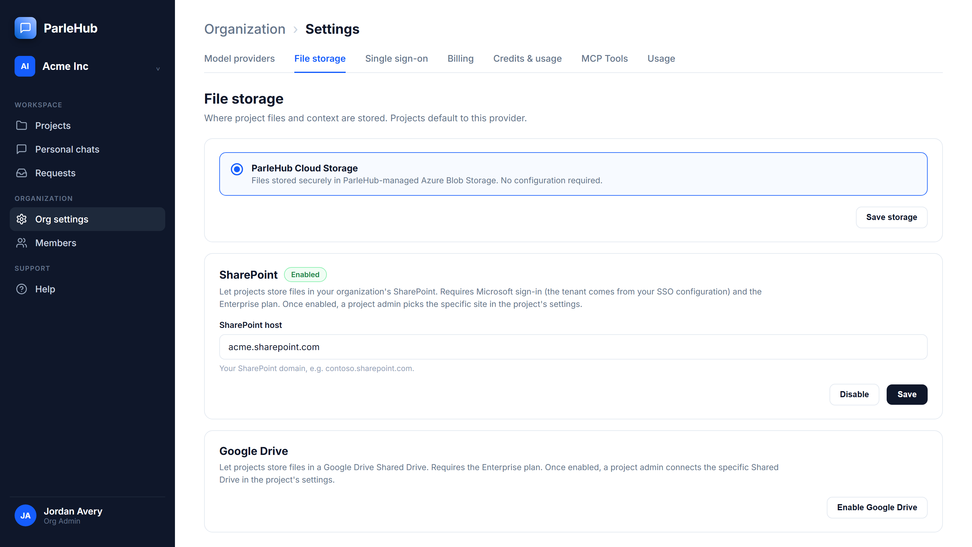 Screenshot of ParleHub's organization file storage settings, showing SharePoint (Microsoft 365) connected as the document library so project files stay in the organization's own Microsoft 365 tenant